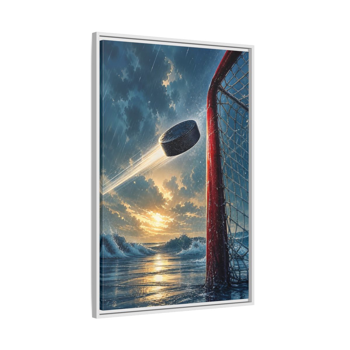 Side Mockup 9. Sports Hockey Puck Blue Orange Sports shown as framed canvas print
