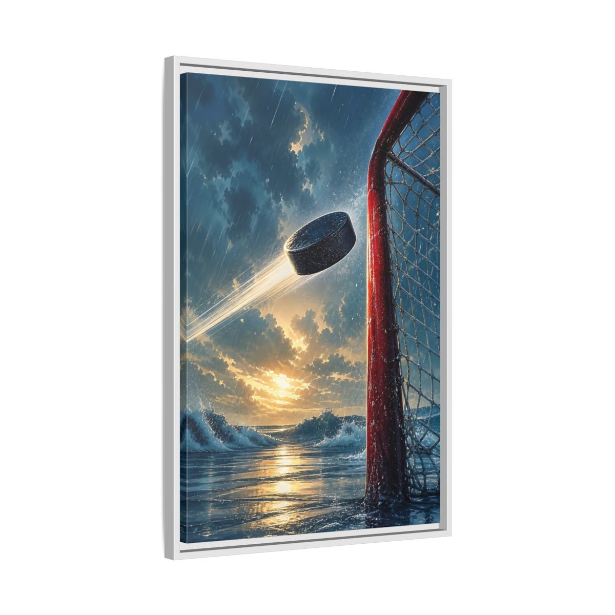 Side Mockup 10. Sports Hockey Puck Blue Orange Sports shown as framed canvas print