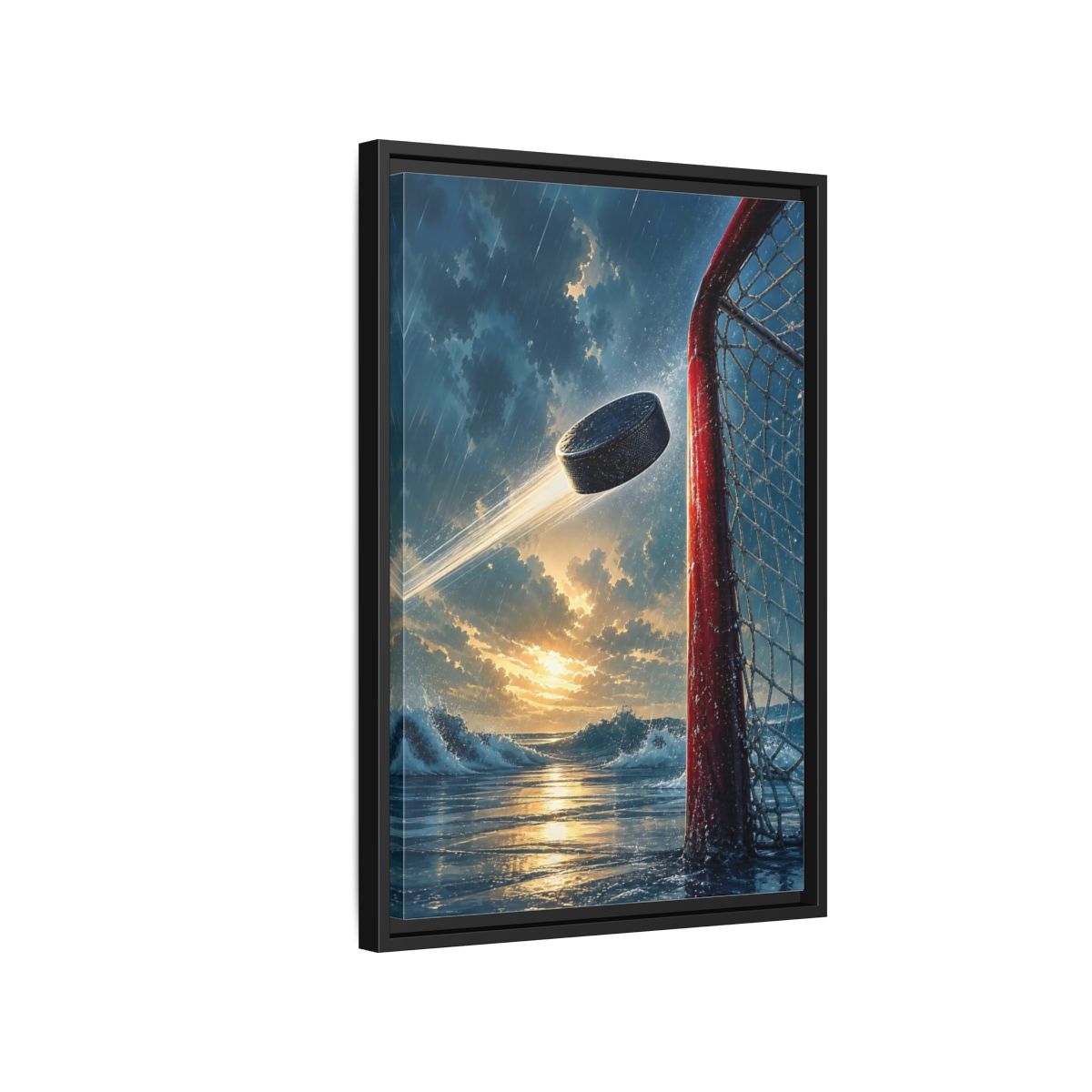 Side Mockup 3. Sports Hockey Puck Blue Orange Sports shown as framed canvas print