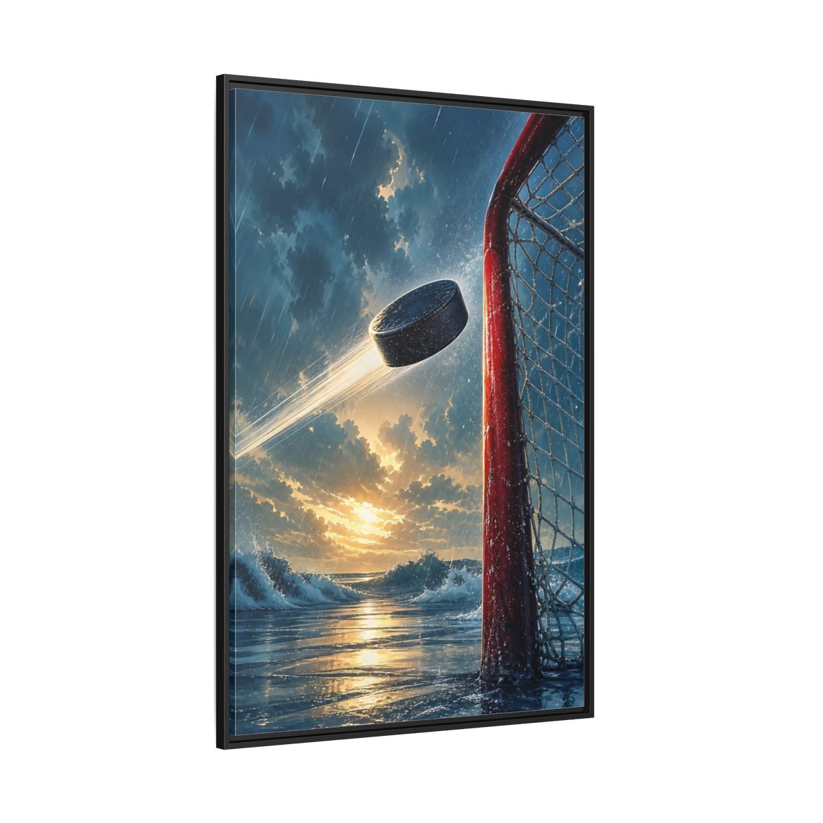 Side Mockup 12. Sports Hockey Puck Blue Orange Sports shown as framed canvas print
