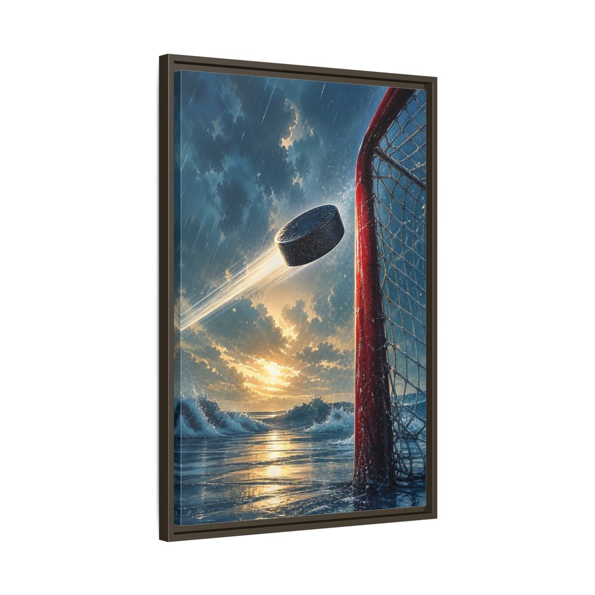 Side Mockup 11. Sports Hockey Puck Blue Orange Sports shown as framed canvas print