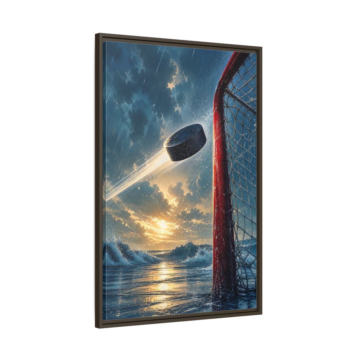 Main Mockup. Sports Hockey Puck Blue Orange Sports shown as framed canvas print