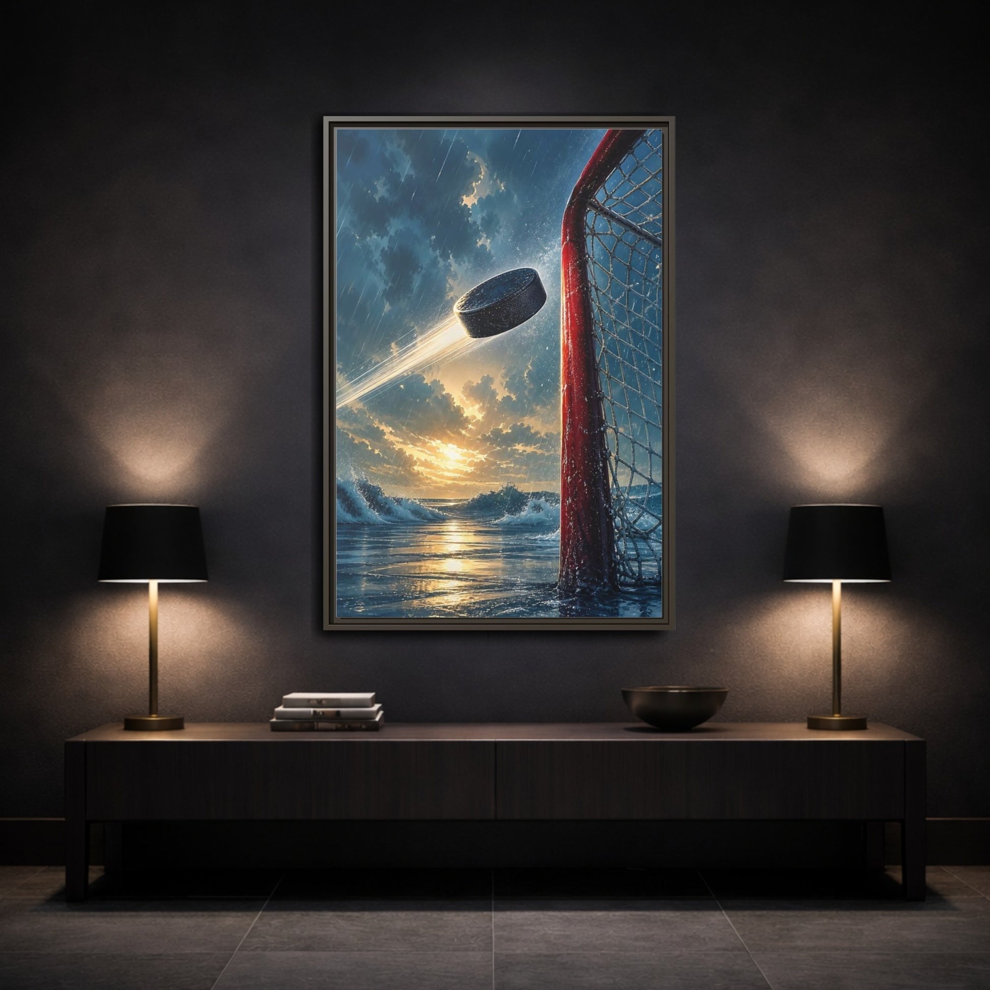 Mockup 3. Sports Hockey Puck Blue Orange Sports shown as framed canvas print