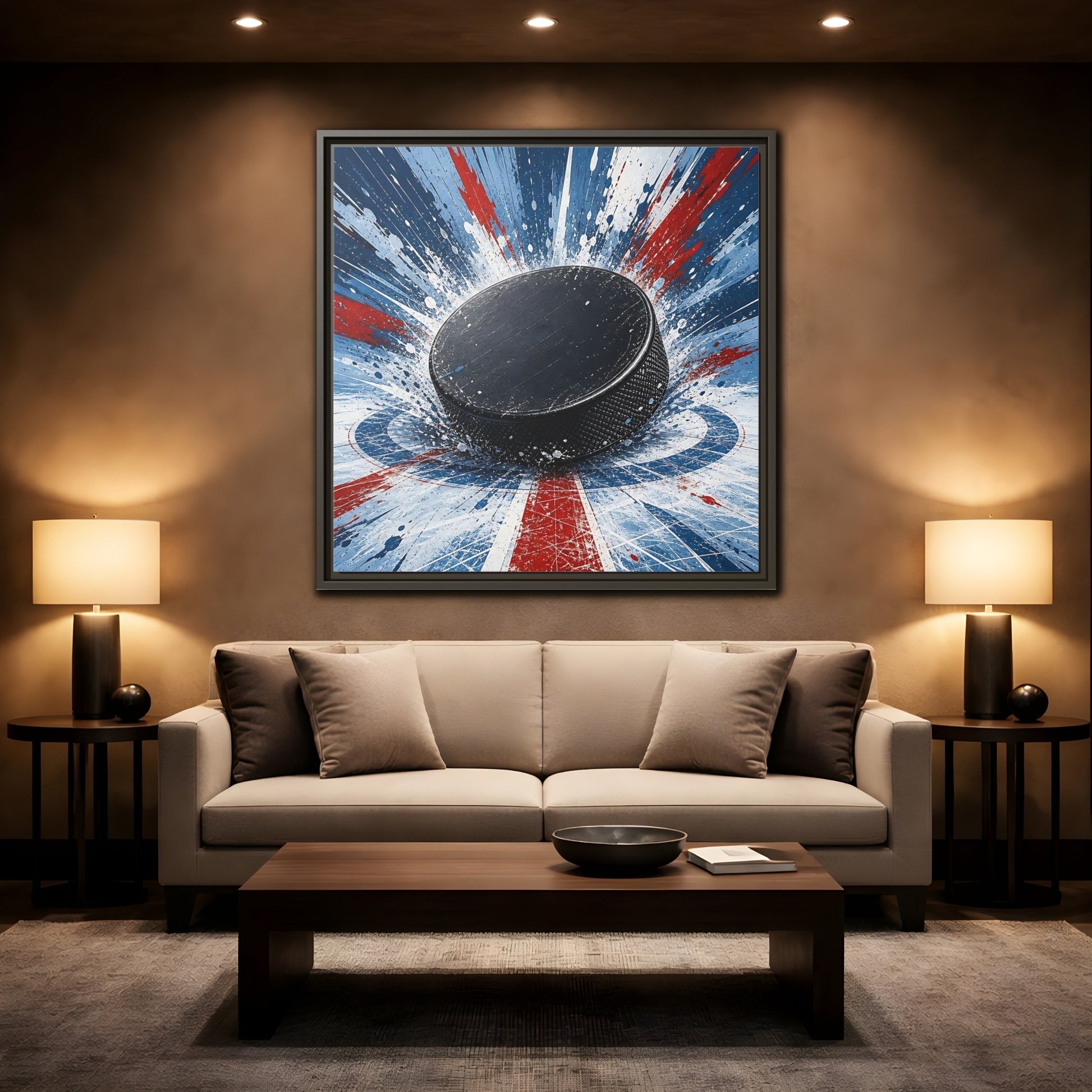 Mockup 2. Sports Hockey Puck Hockey Puck Splatter shown as framed canvas print