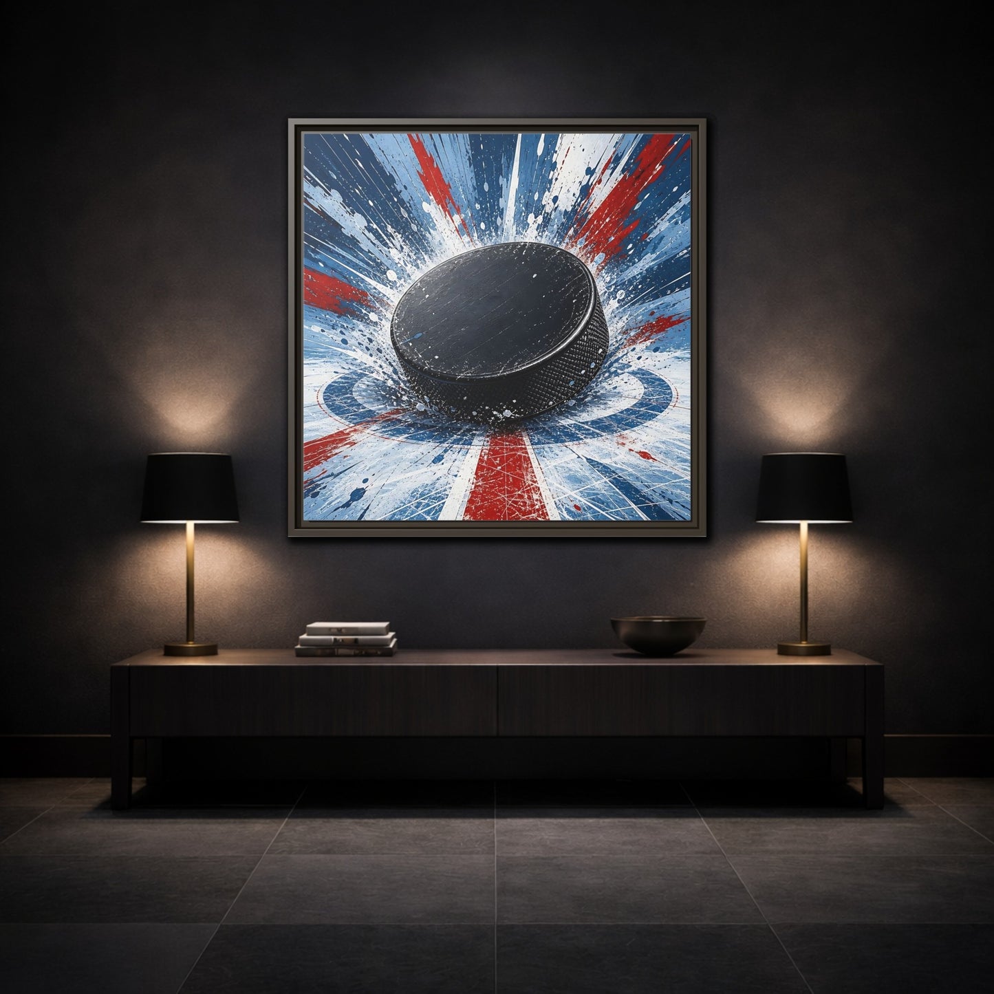 Mockup 3. Sports Hockey Puck Hockey Puck Splatter shown as framed canvas print