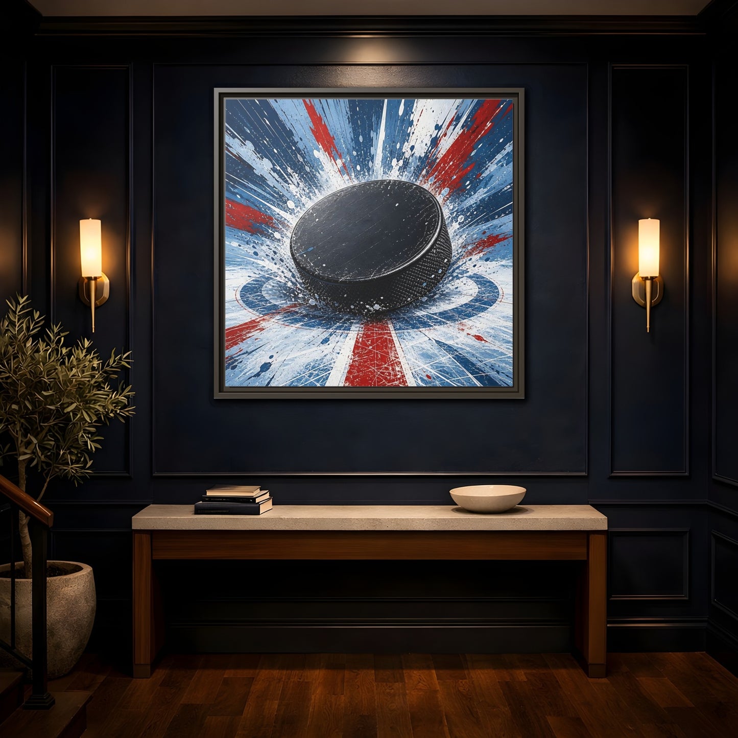 Mockup 4. Sports Hockey Puck Hockey Puck Splatter shown as framed canvas print