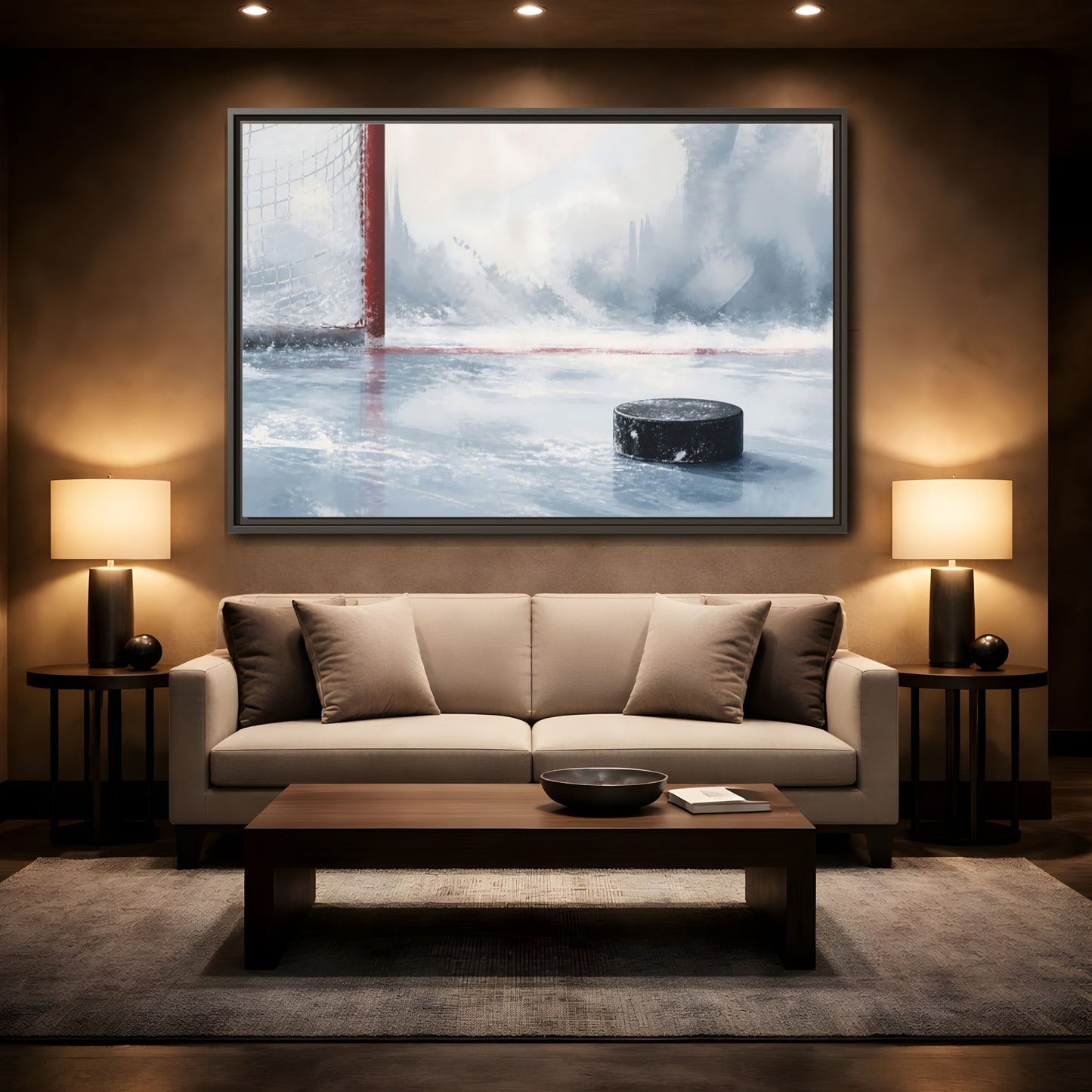 Mockup 2. Sports Hockey Puck Ice Rink Hockey shown as framed canvas print
