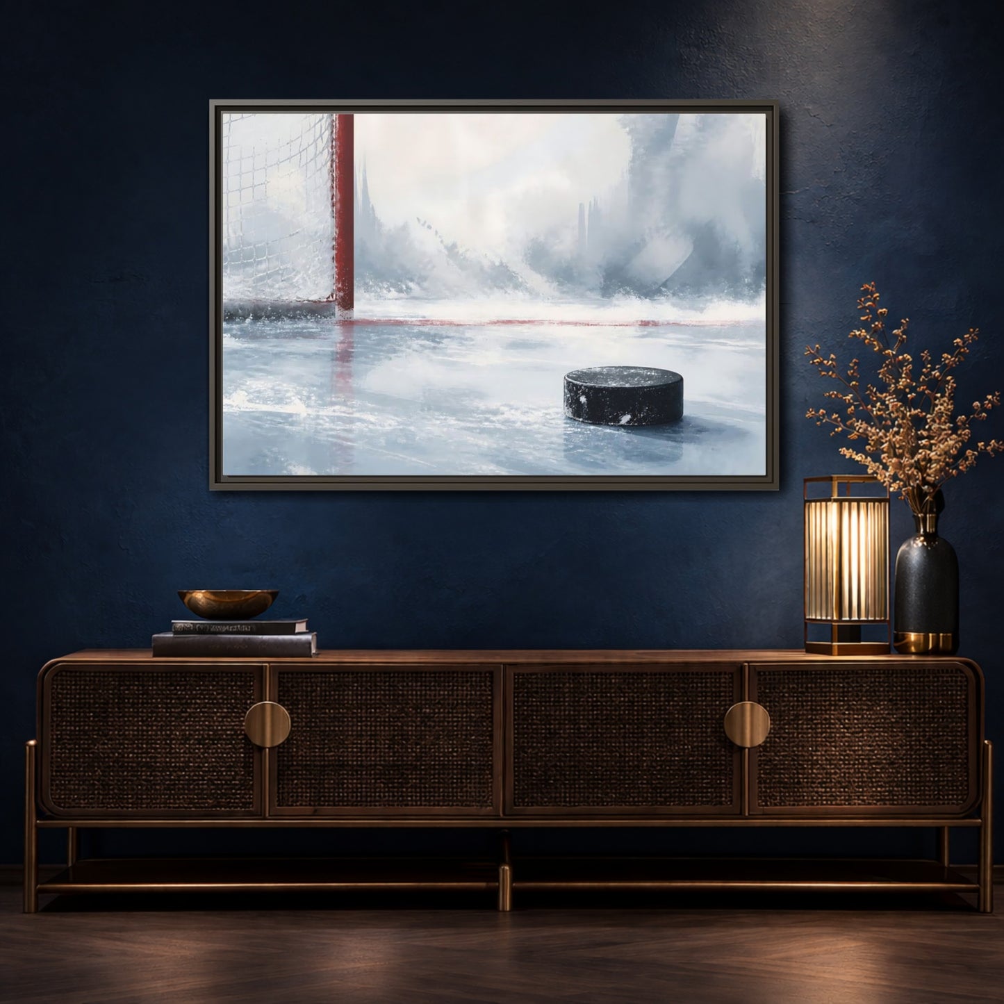 Mockup 4. Sports Hockey Puck Ice Rink Hockey shown as framed canvas print