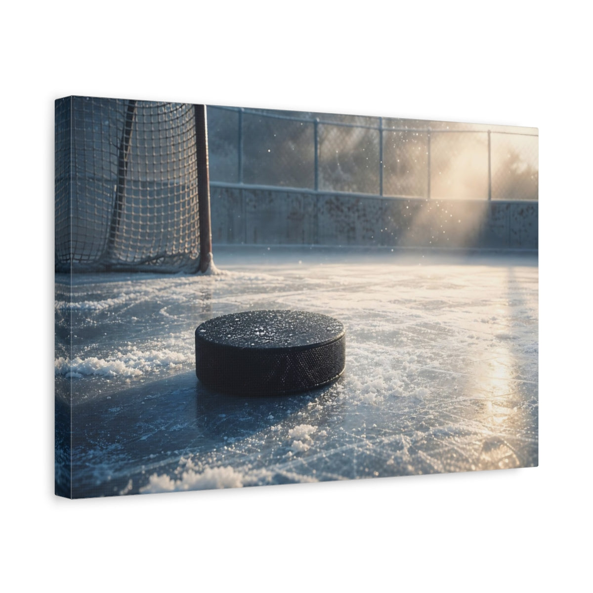 Side Mockup 4. Sports Hockey Puck Icy Blue shown as canvas print