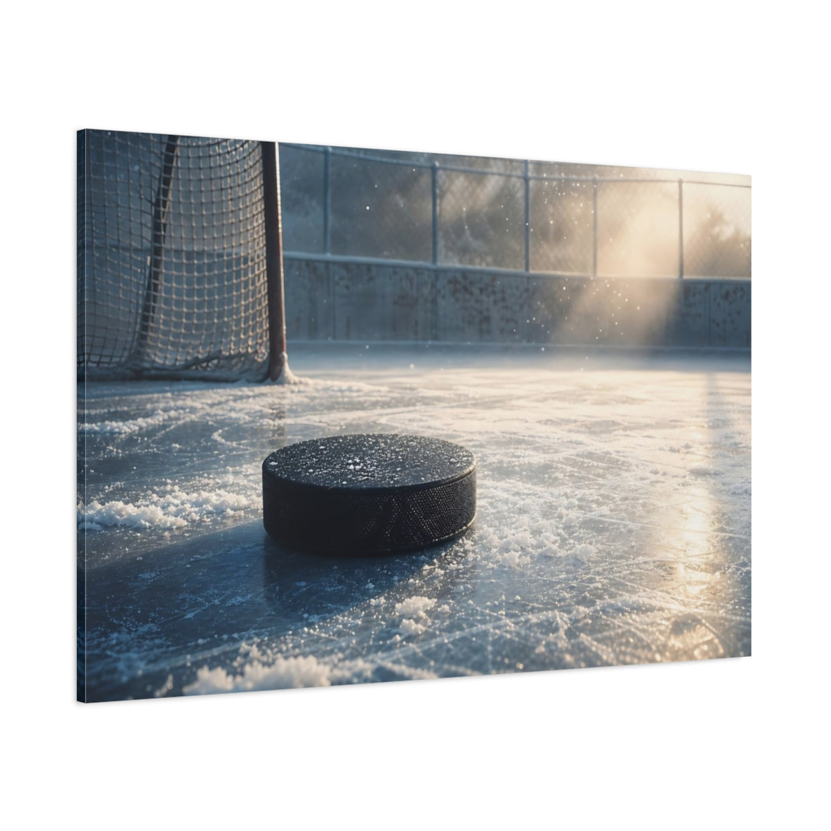 Side Mockup 1. Sports Hockey Puck Icy Blue shown as canvas print
