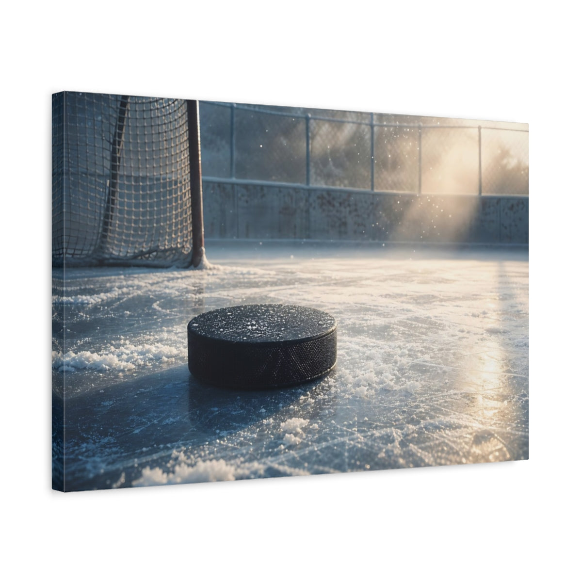 Side Mockup 3. Sports Hockey Puck Icy Blue shown as canvas print