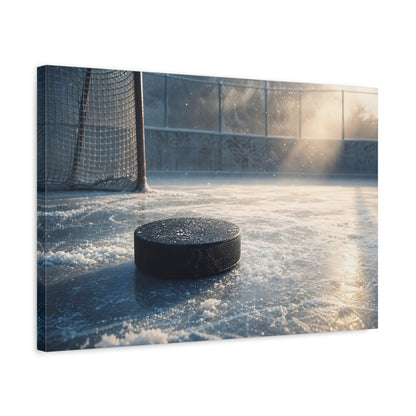 Side Mockup 3. Sports Hockey Puck Icy Blue shown as canvas print