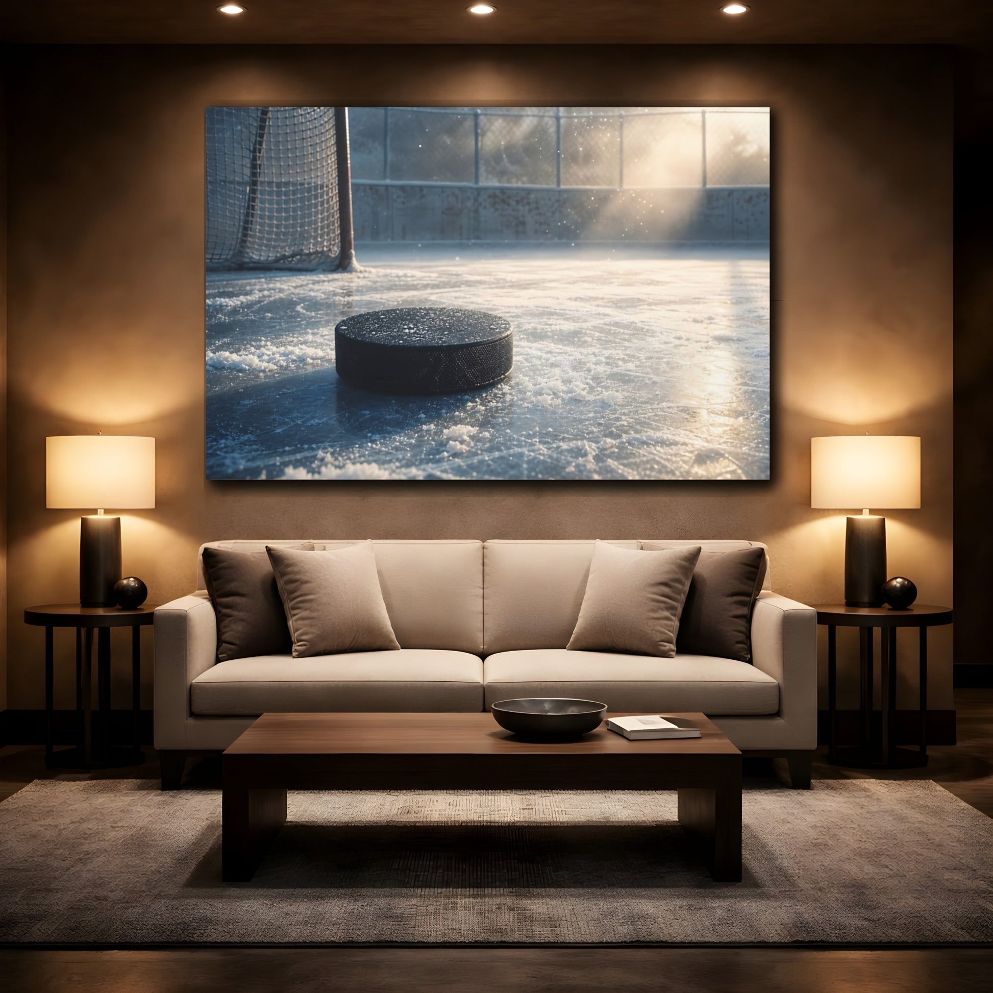 Mockup 2. Sports Hockey Puck Icy Blue shown as canvas print