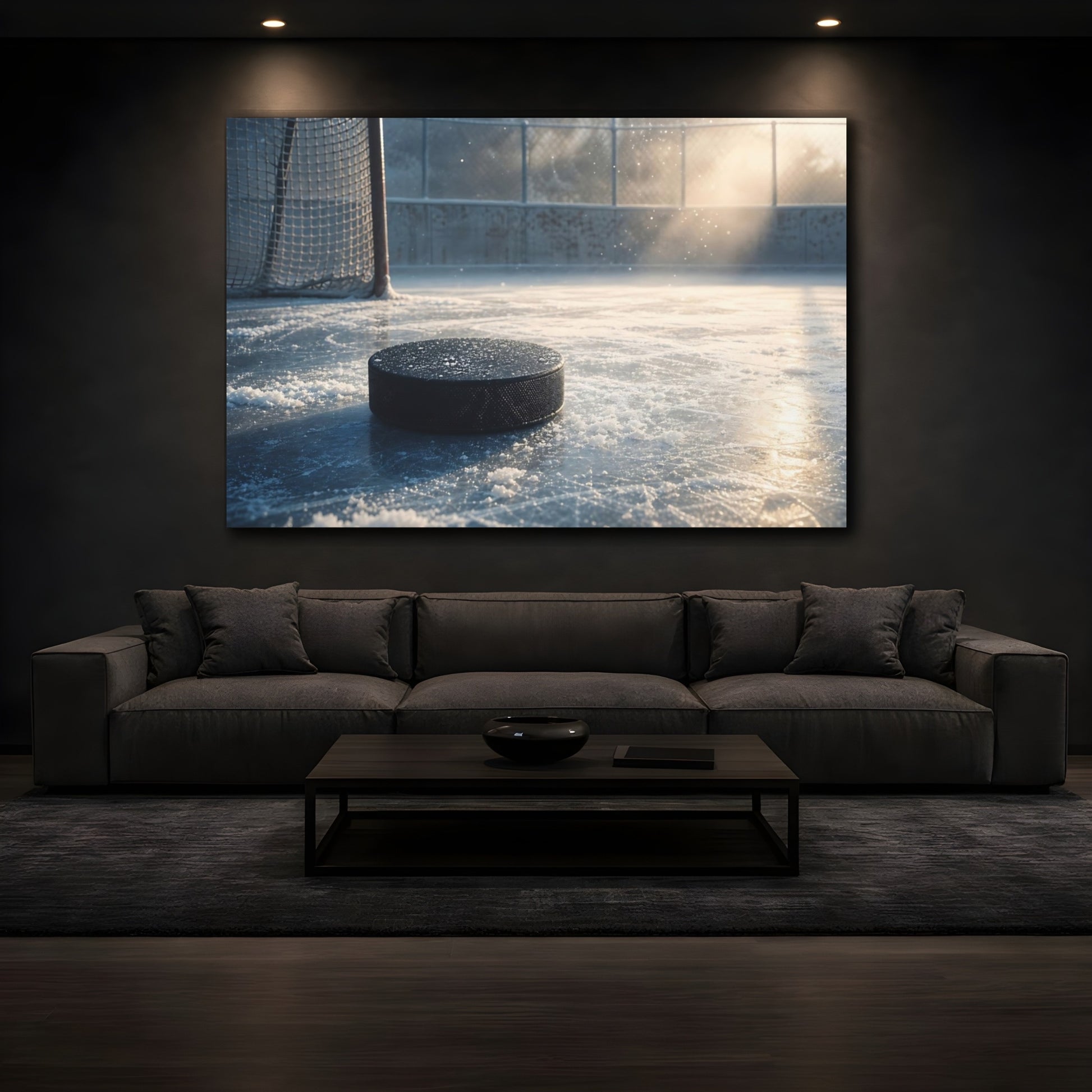 Mockup 3. Sports Hockey Puck Icy Blue shown as canvas print