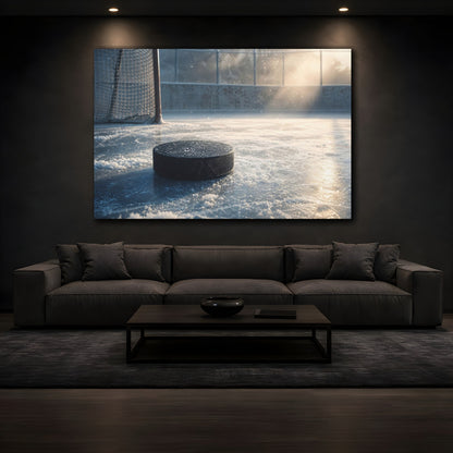 Mockup 3. Sports Hockey Puck Icy Blue shown as canvas print