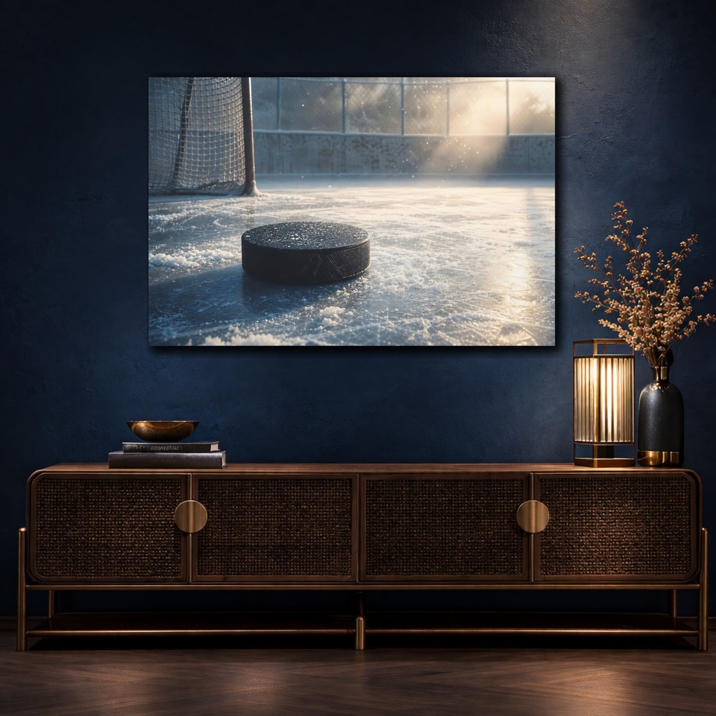 Mockup 4. Sports Hockey Puck Icy Blue shown as canvas print