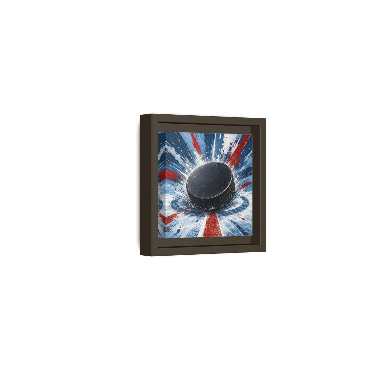 Side Mockup 23. Sports Hockey Puck Hockey Puck Splatter shown as framed canvas print