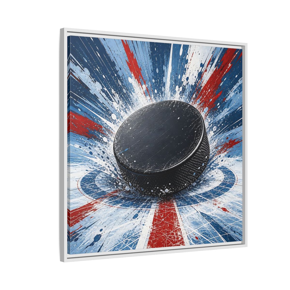 Side Mockup 7. Sports Hockey Puck Hockey Puck Splatter shown as framed canvas print