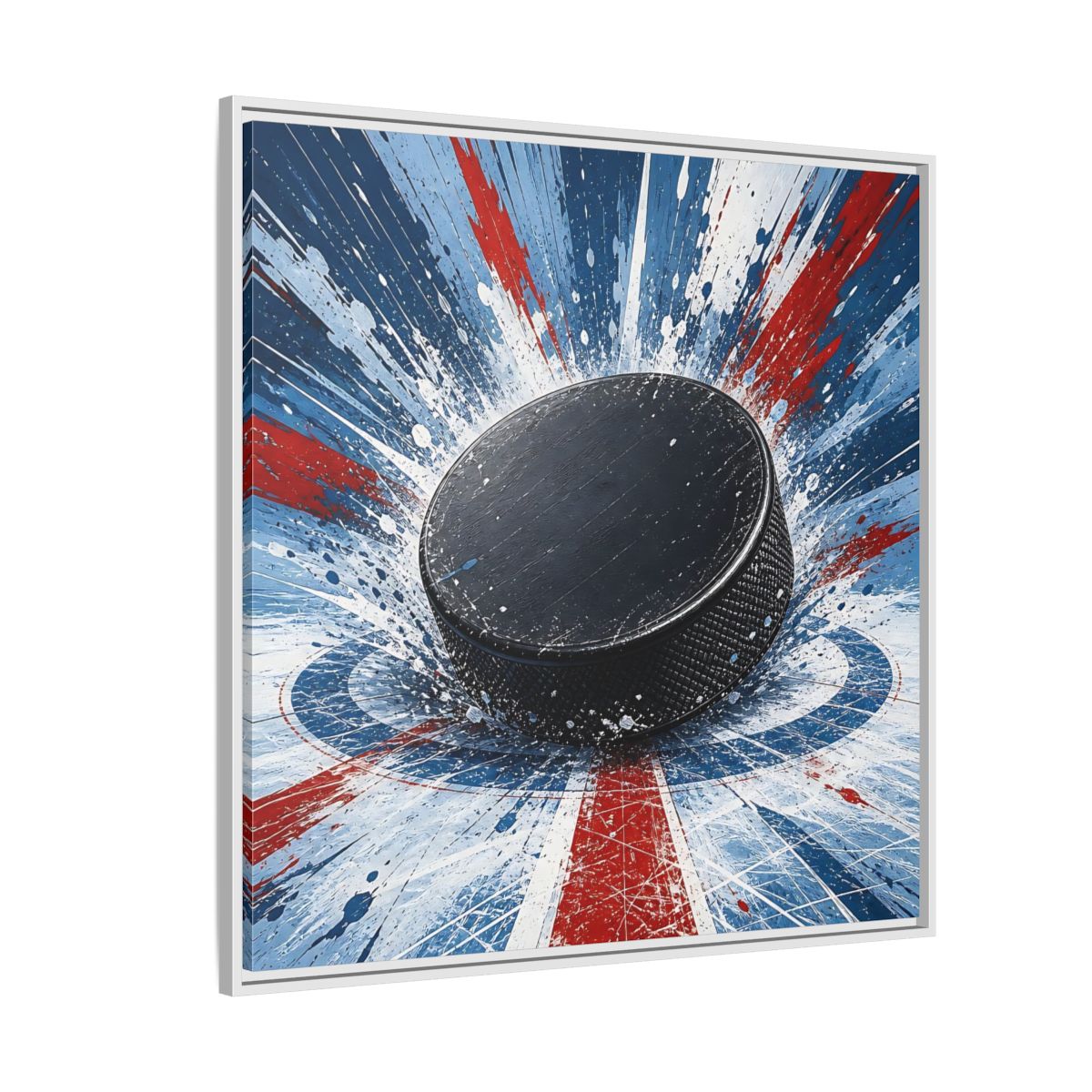 Side Mockup 4. Sports Hockey Puck Hockey Puck Splatter shown as framed canvas print