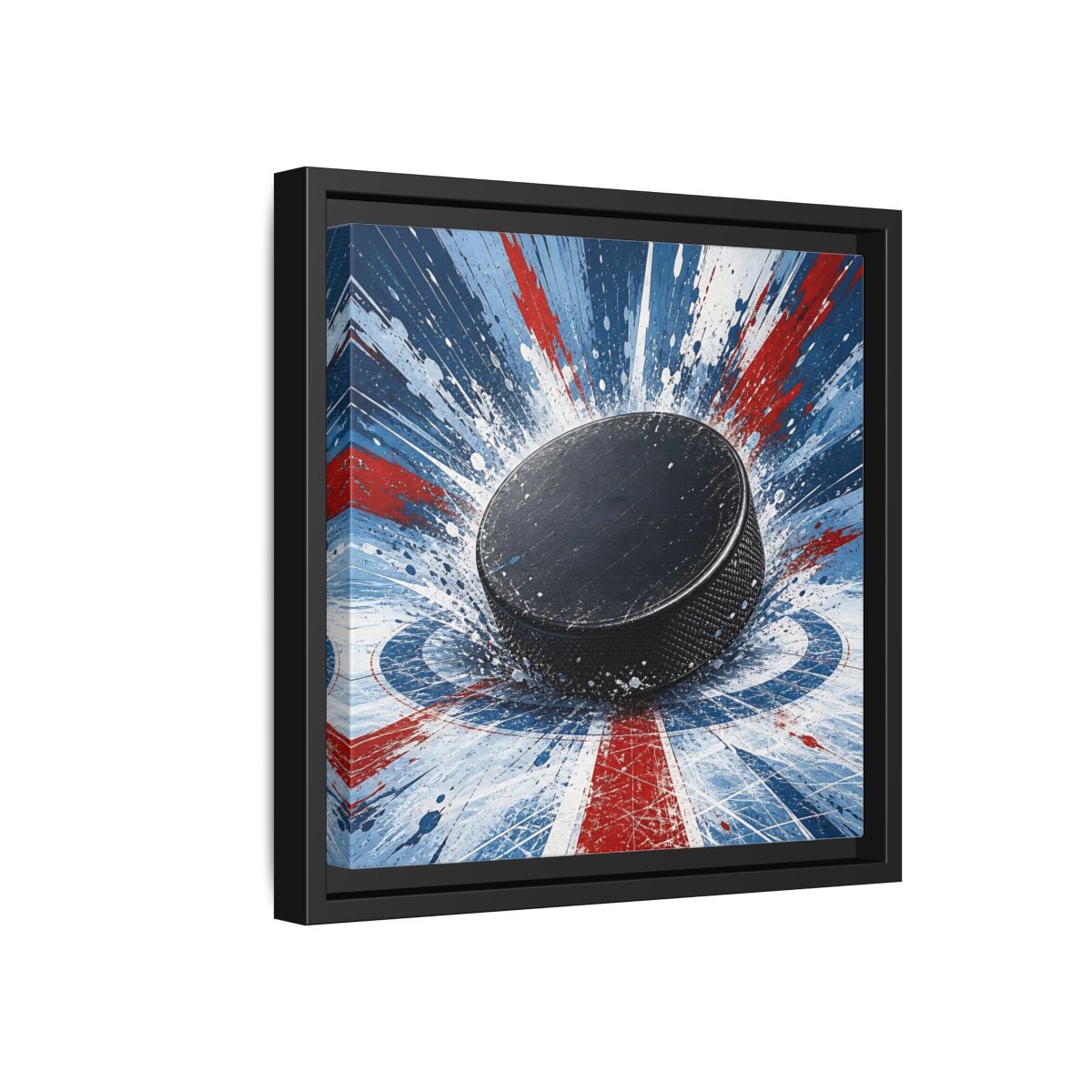 Side Mockup 18. Sports Hockey Puck Hockey Puck Splatter shown as framed canvas print