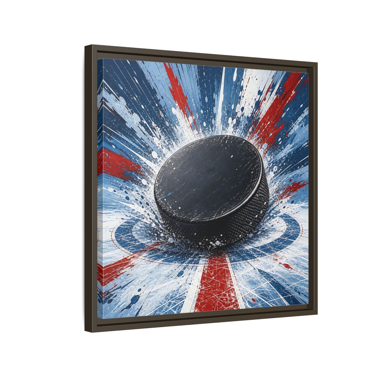 Side Mockup 11. Sports Hockey Puck Hockey Puck Splatter shown as framed canvas print