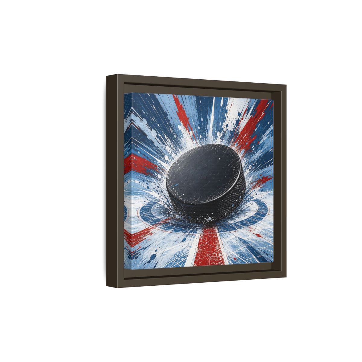 Side Mockup 20. Sports Hockey Puck Hockey Puck Splatter shown as framed canvas print