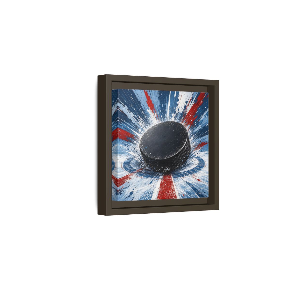 Side Mockup 2. Sports Hockey Puck Hockey Puck Splatter shown as framed canvas print