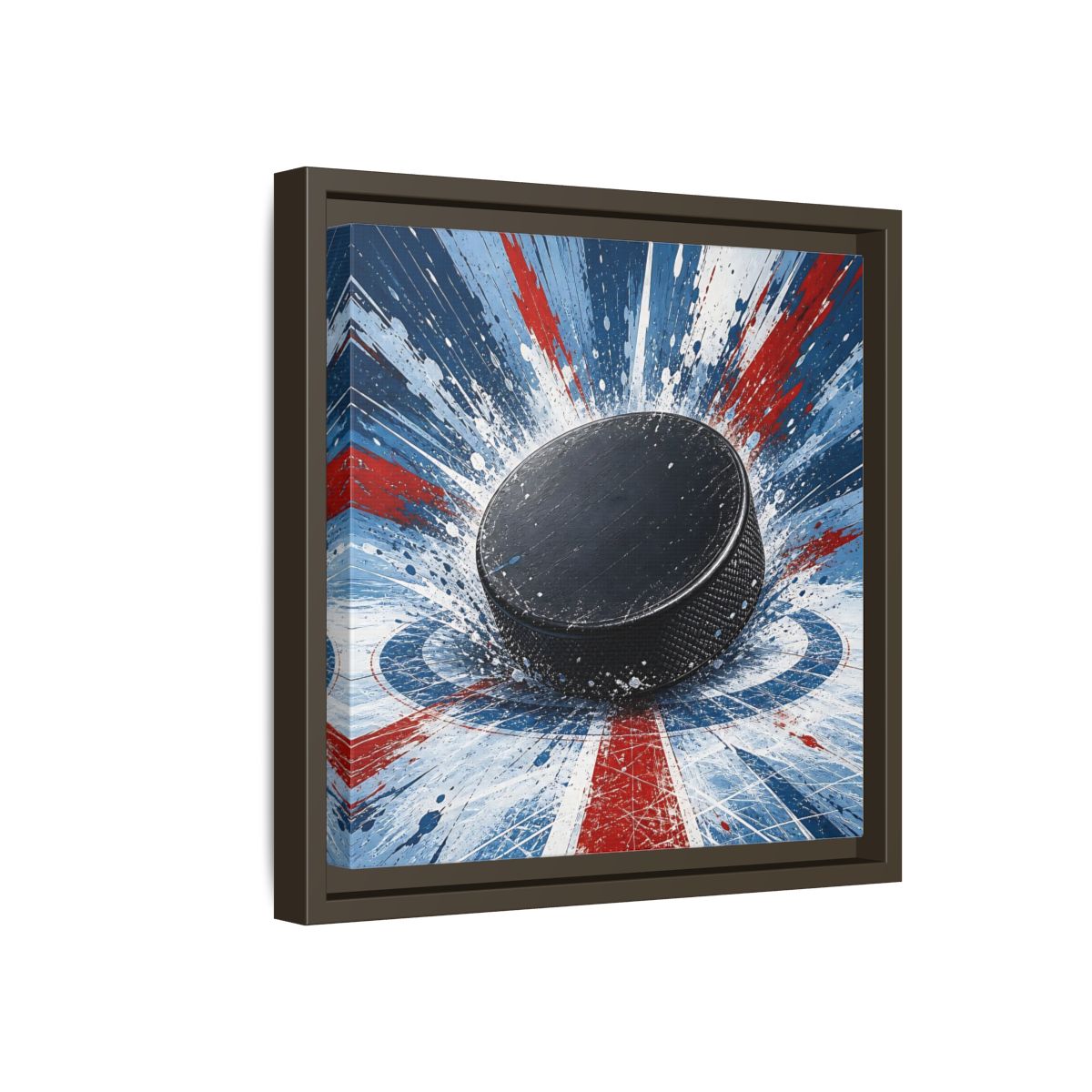 Side Mockup 17. Sports Hockey Puck Hockey Puck Splatter shown as framed canvas print