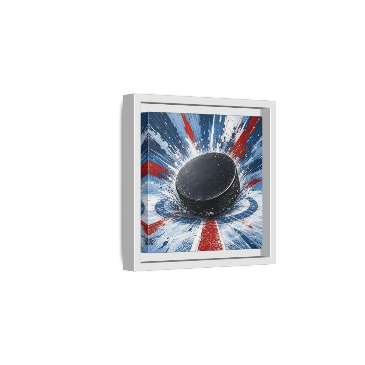 Side Mockup 1. Sports Hockey Puck Hockey Puck Splatter shown as framed canvas print