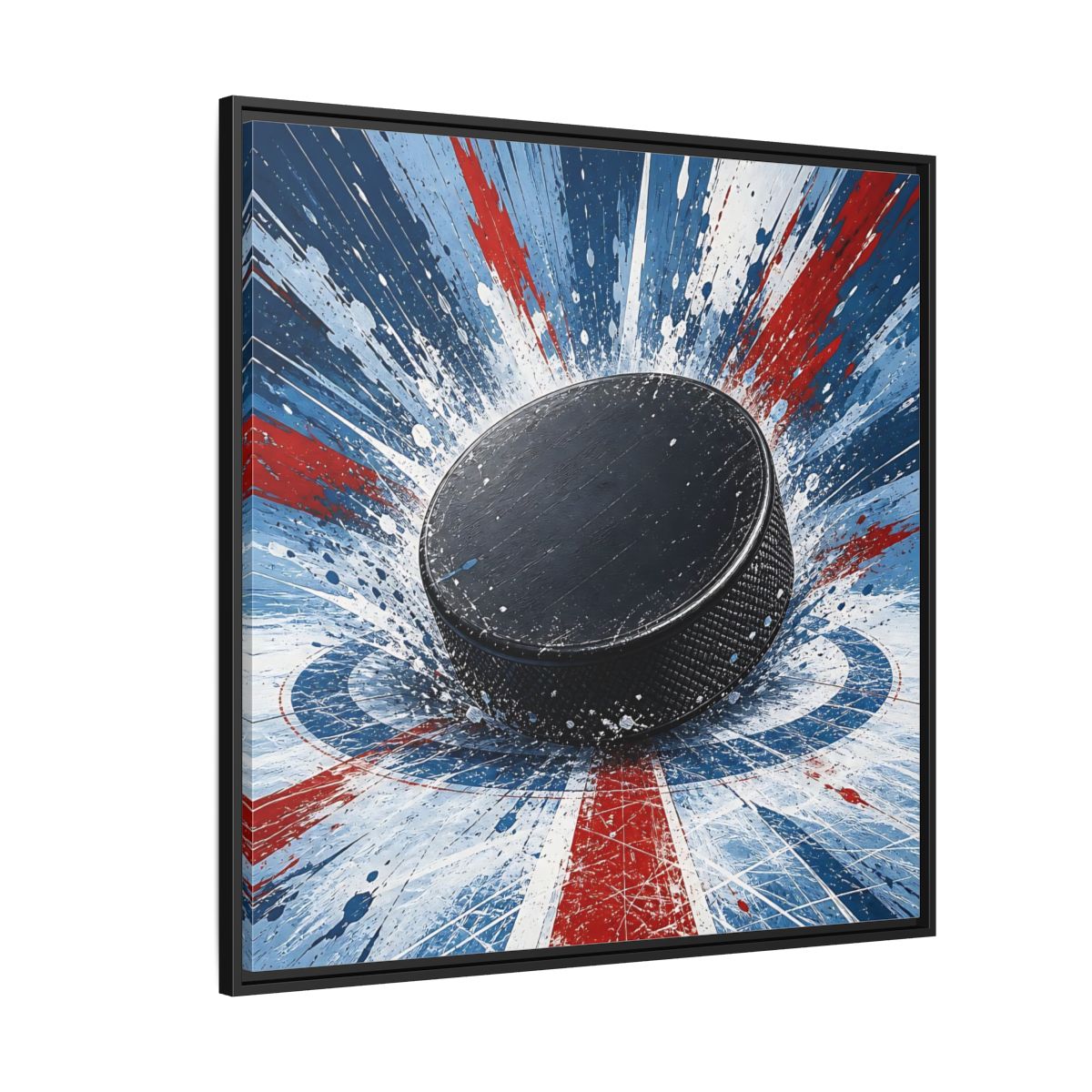 Side Mockup 6. Sports Hockey Puck Hockey Puck Splatter shown as framed canvas print