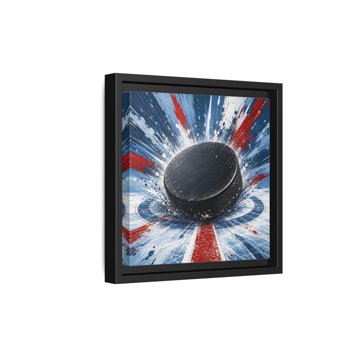Side Mockup 21. Sports Hockey Puck Hockey Puck Splatter shown as framed canvas print
