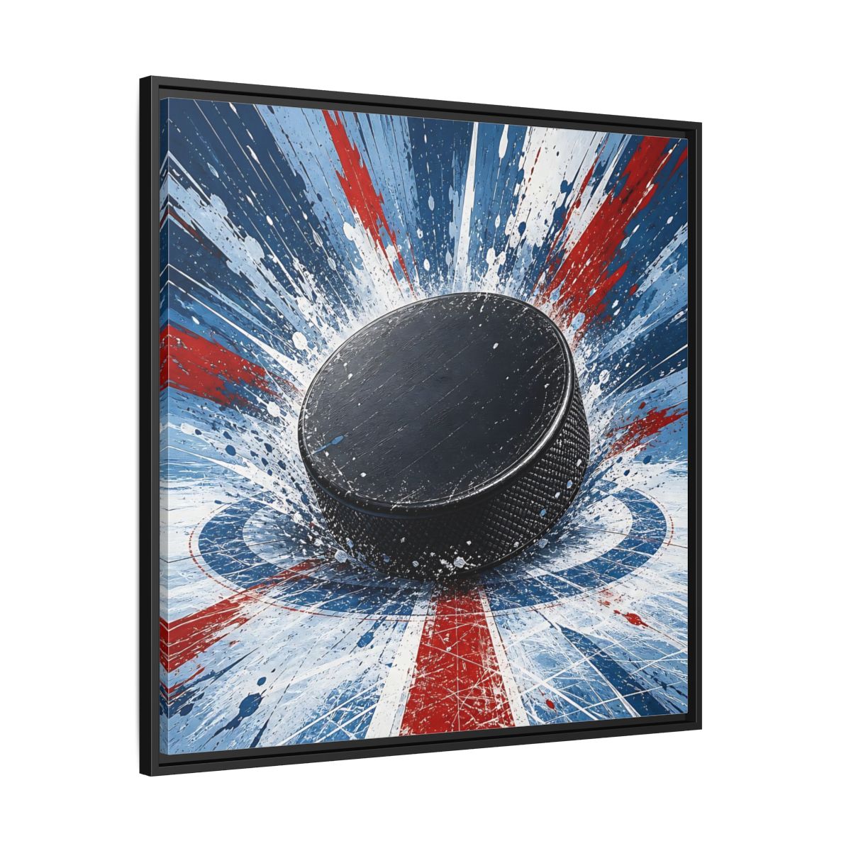 Side Mockup 30. Sports Hockey Puck Hockey Puck Splatter shown as framed canvas print