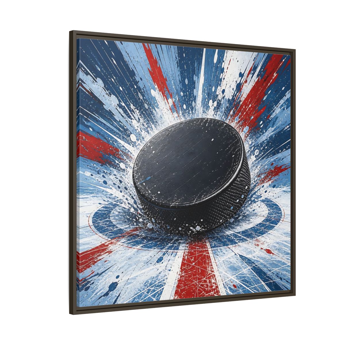 Side Mockup 5. Sports Hockey Puck Hockey Puck Splatter shown as framed canvas print