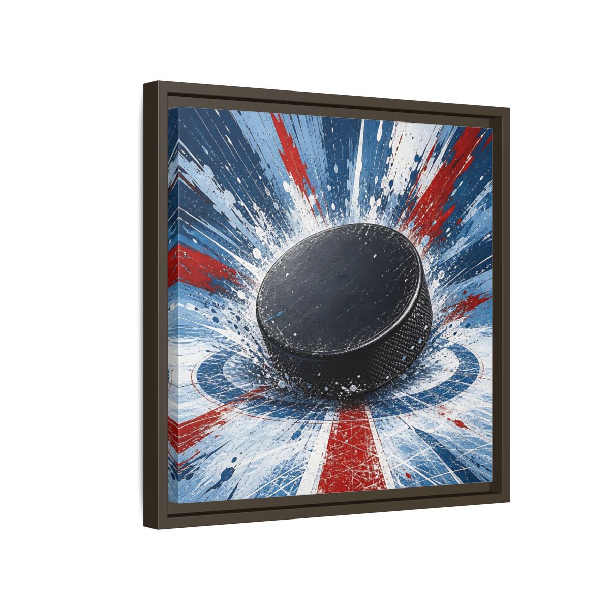 Side Mockup 14. Sports Hockey Puck Hockey Puck Splatter shown as framed canvas print