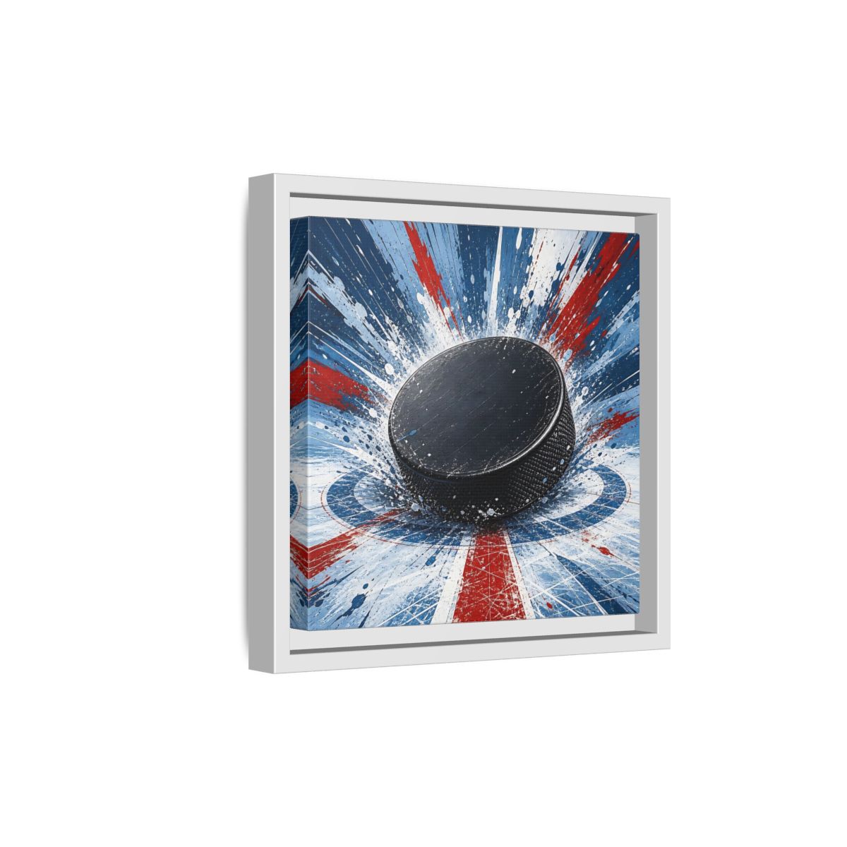 Side Mockup 19. Sports Hockey Puck Hockey Puck Splatter shown as framed canvas print