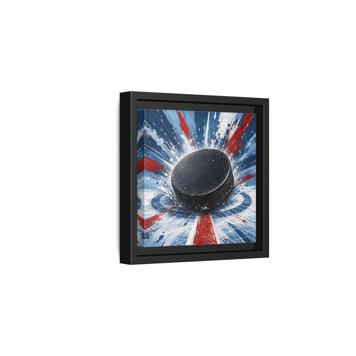 Side Mockup 3. Sports Hockey Puck Hockey Puck Splatter shown as framed canvas print