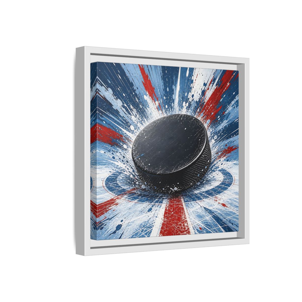 Side Mockup 16. Sports Hockey Puck Hockey Puck Splatter shown as framed canvas print