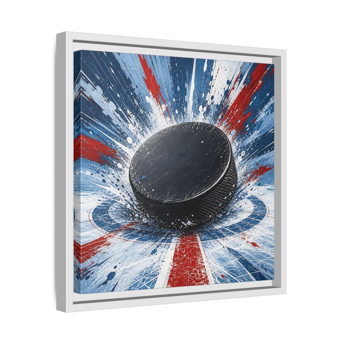 Side Mockup 28. Sports Hockey Puck Hockey Puck Splatter shown as framed canvas print