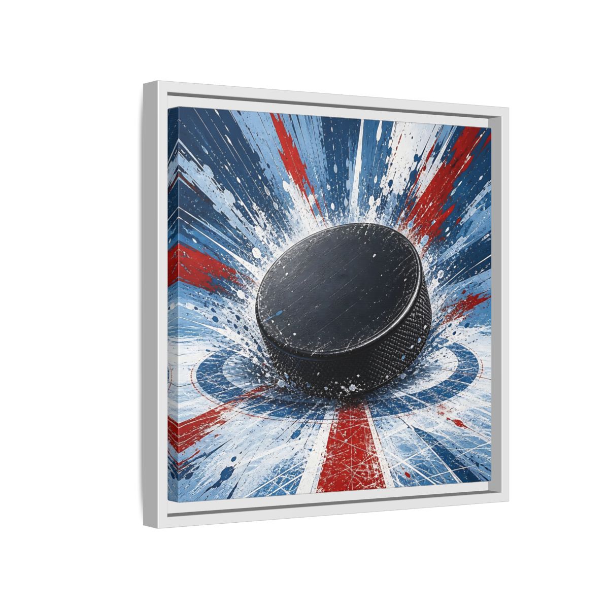Side Mockup 13. Sports Hockey Puck Hockey Puck Splatter shown as framed canvas print