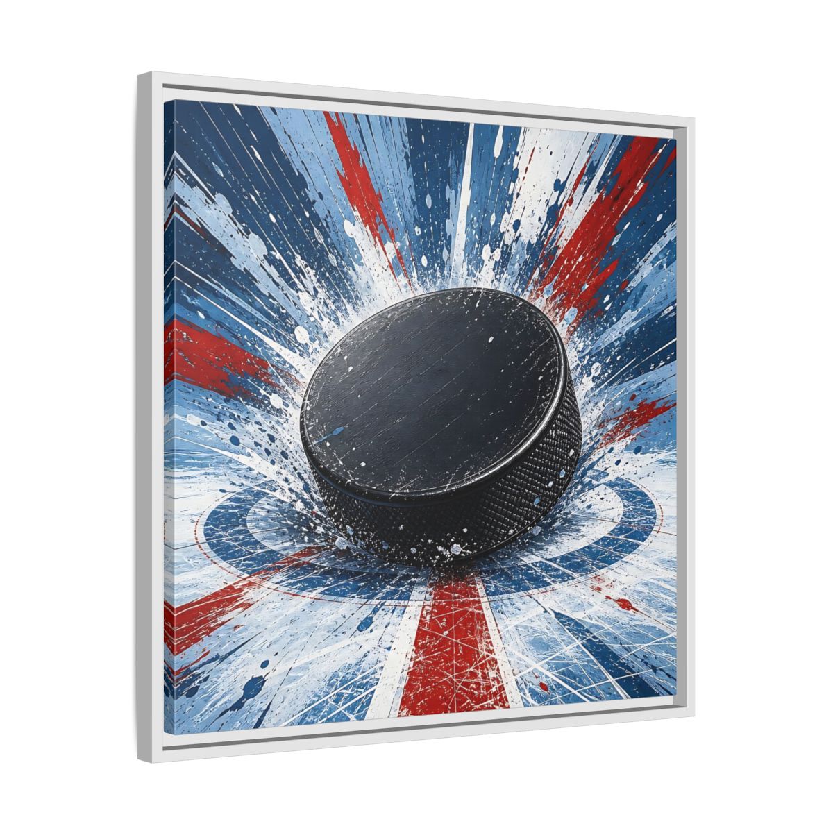 Side Mockup 26. Sports Hockey Puck Hockey Puck Splatter shown as framed canvas print