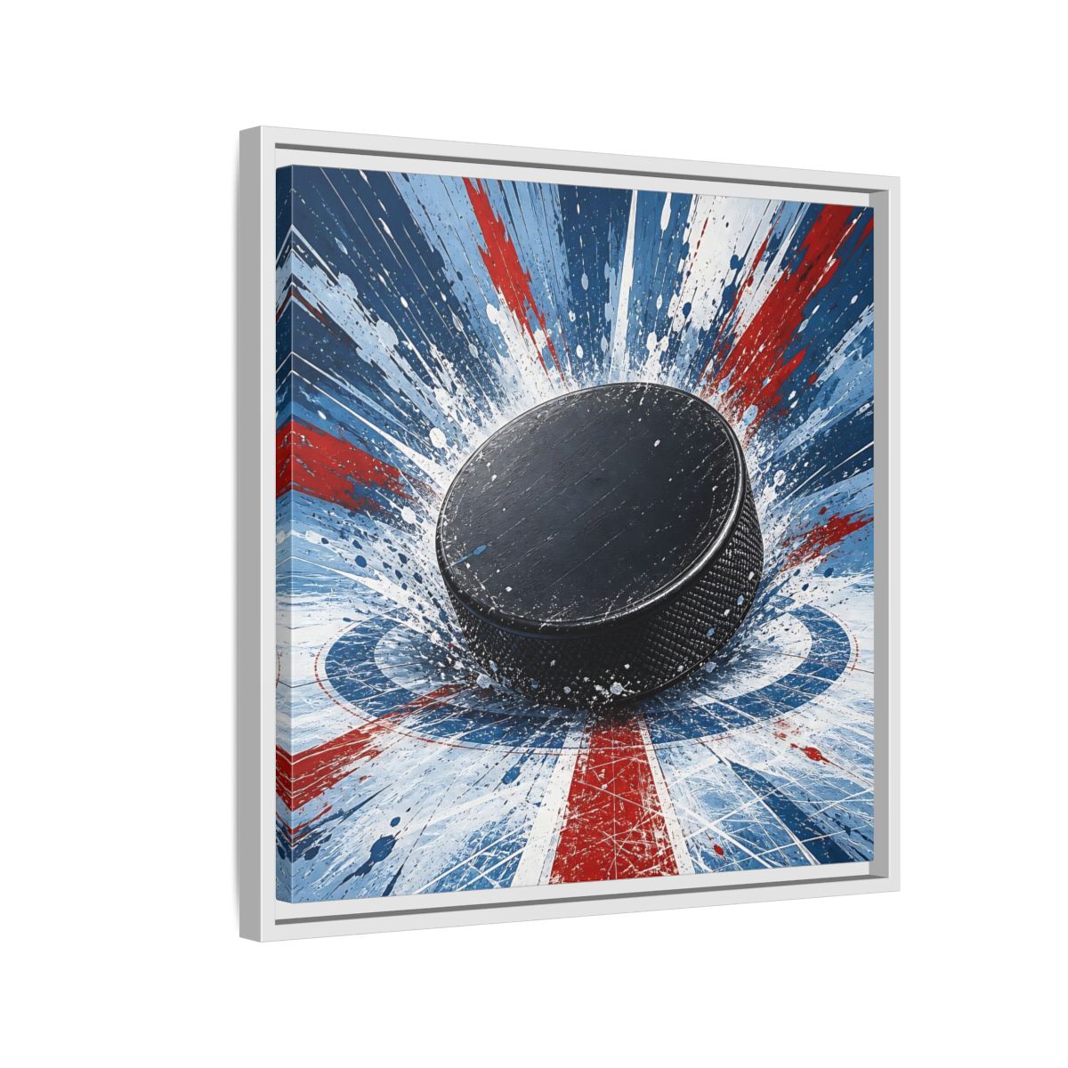 Side Mockup 10. Sports Hockey Puck Hockey Puck Splatter shown as framed canvas print