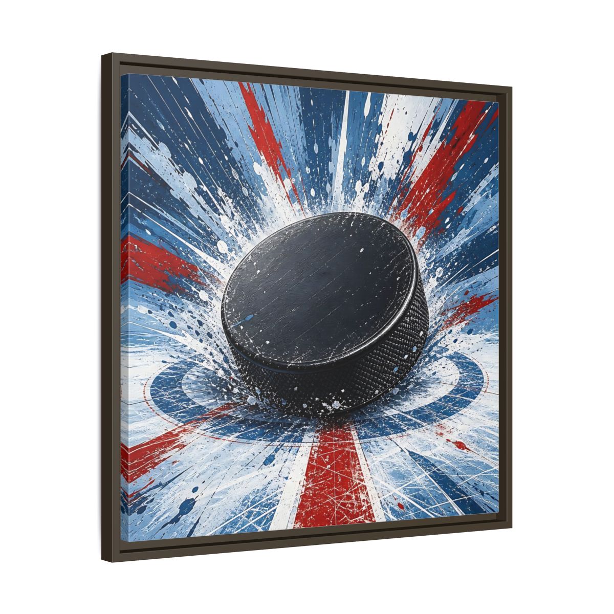Side Mockup 27. Sports Hockey Puck Hockey Puck Splatter shown as framed canvas print