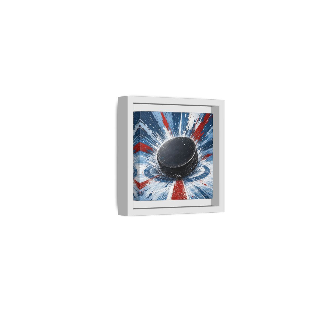 Side Mockup 22. Sports Hockey Puck Hockey Puck Splatter shown as framed canvas print