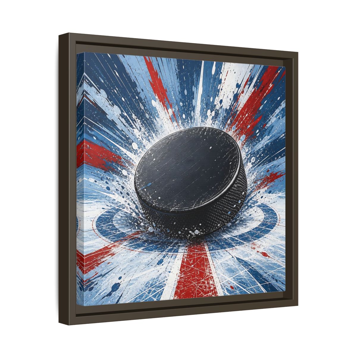 Side Mockup 29. Sports Hockey Puck Hockey Puck Splatter shown as framed canvas print