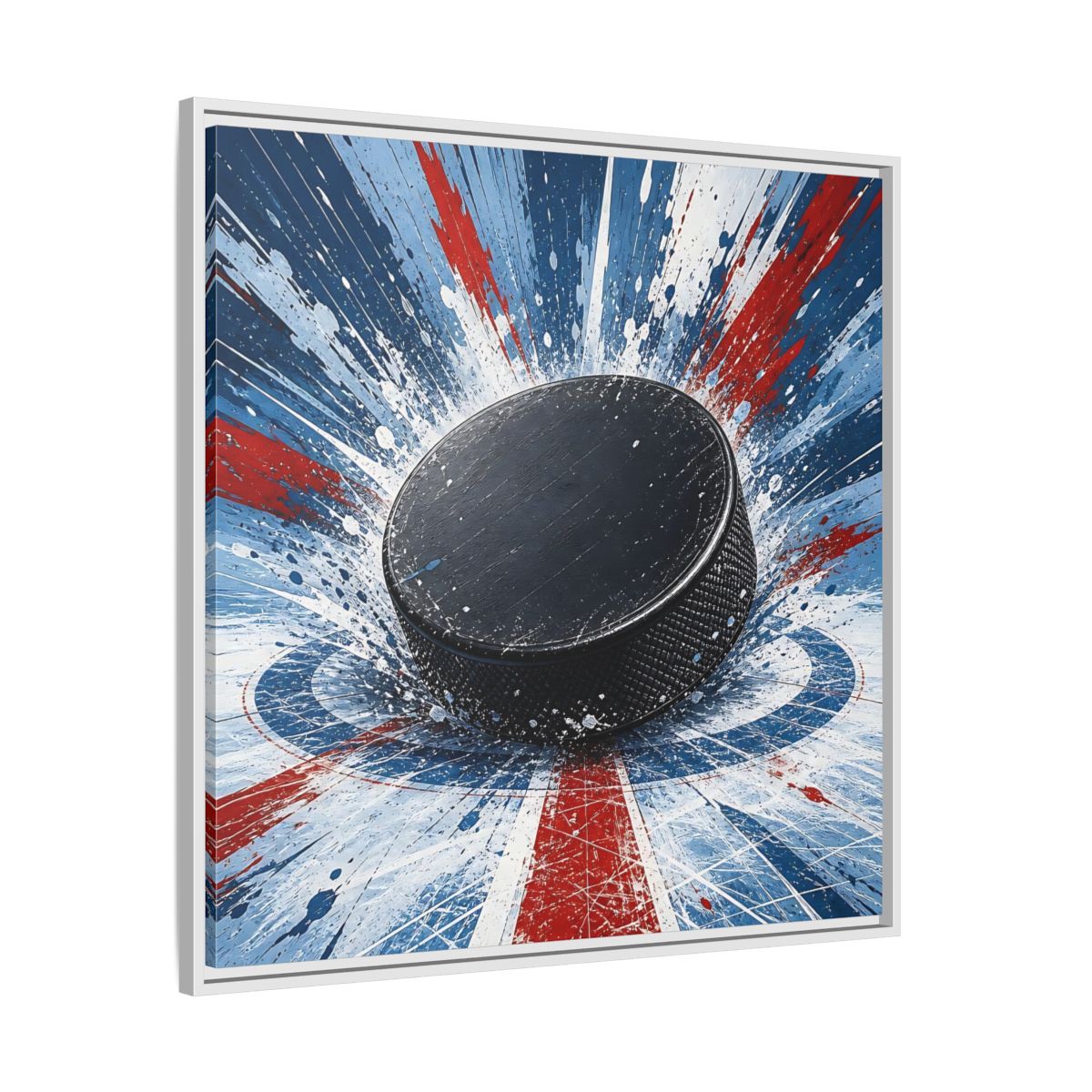 Side Mockup 25. Sports Hockey Puck Hockey Puck Splatter shown as framed canvas print