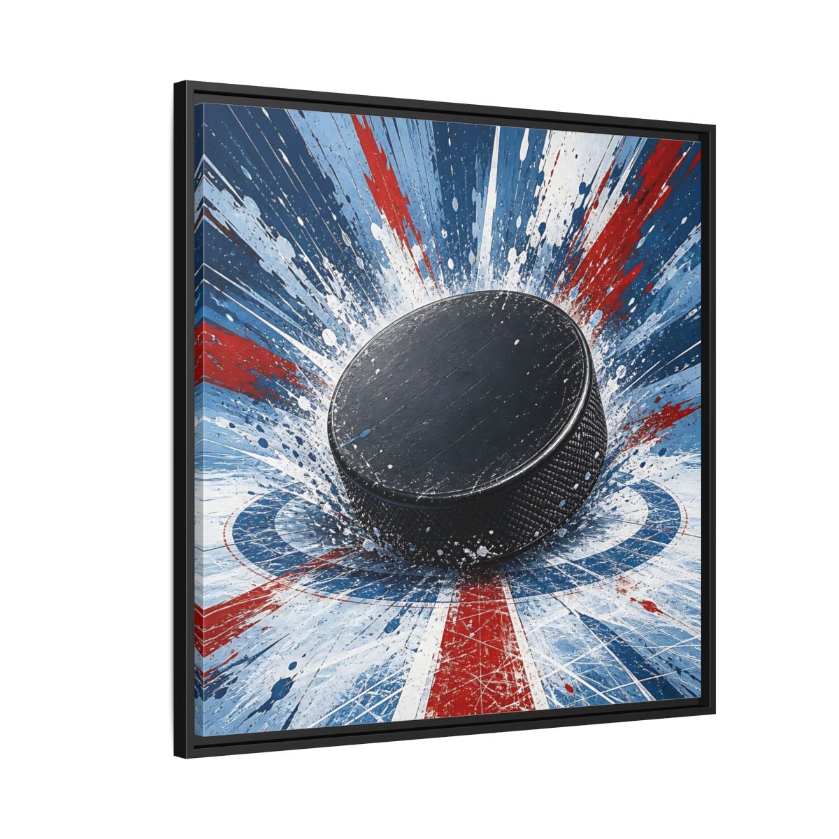 Side Mockup 9. Sports Hockey Puck Hockey Puck Splatter shown as framed canvas print