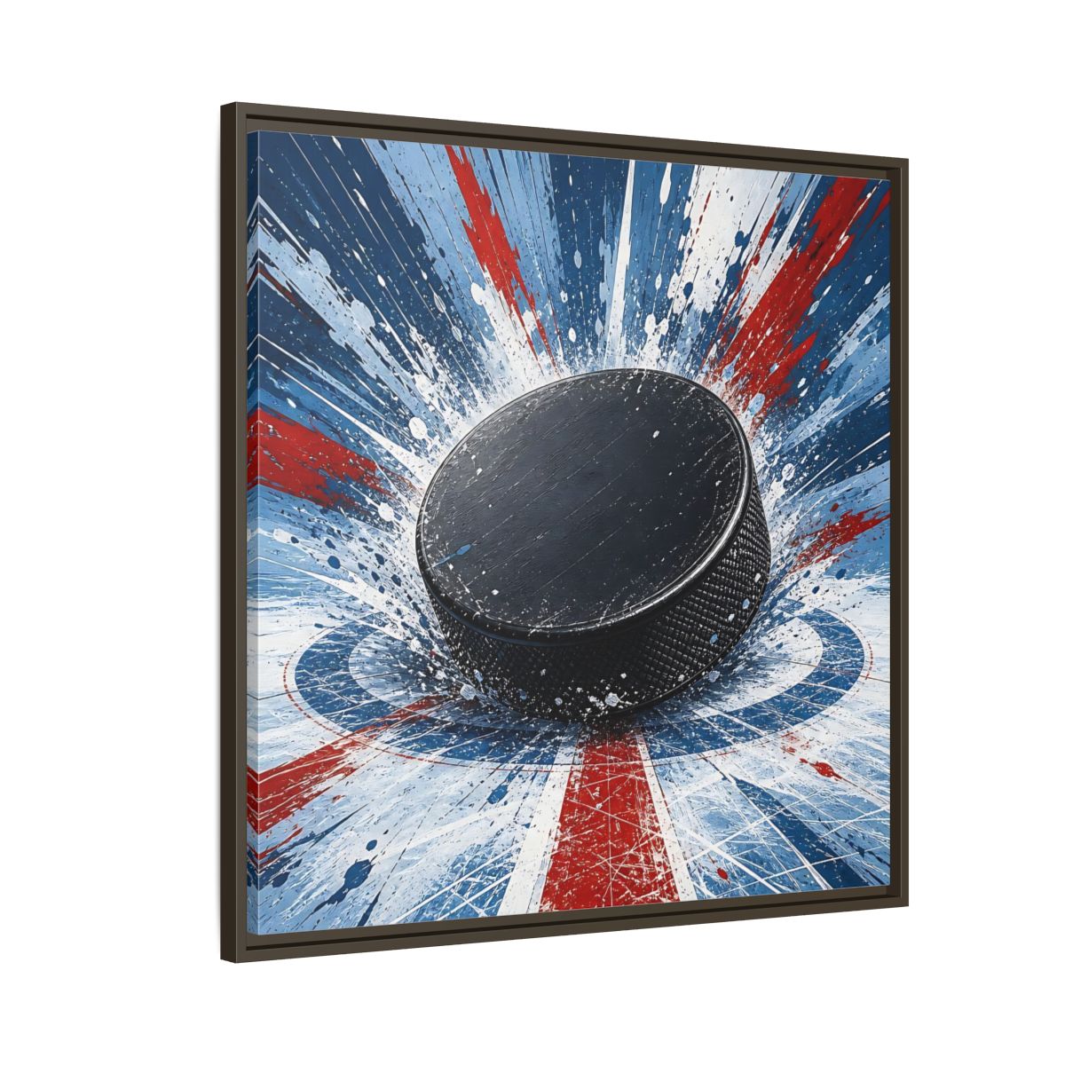 Side Mockup 8. Sports Hockey Puck Hockey Puck Splatter shown as framed canvas print