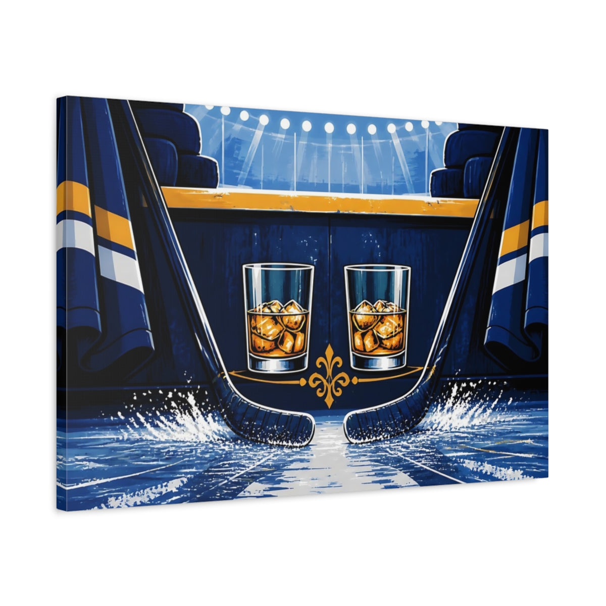 Side Mockup 2. Sports Ice Hockey Blue And Gold shown as canvas print