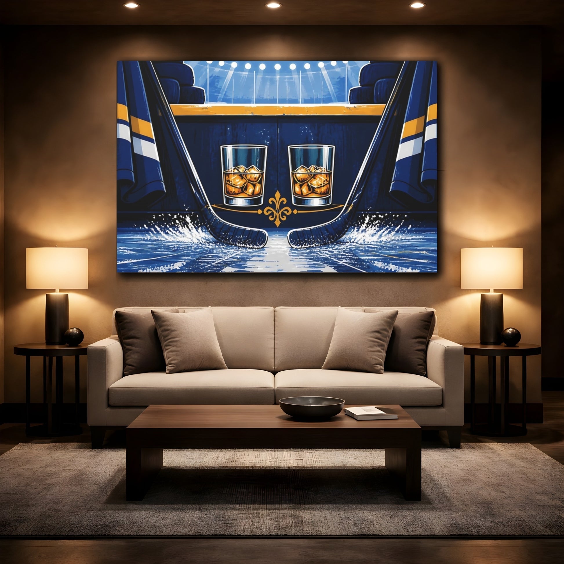 Mockup 2. Sports Ice Hockey Blue And Gold shown as canvas print