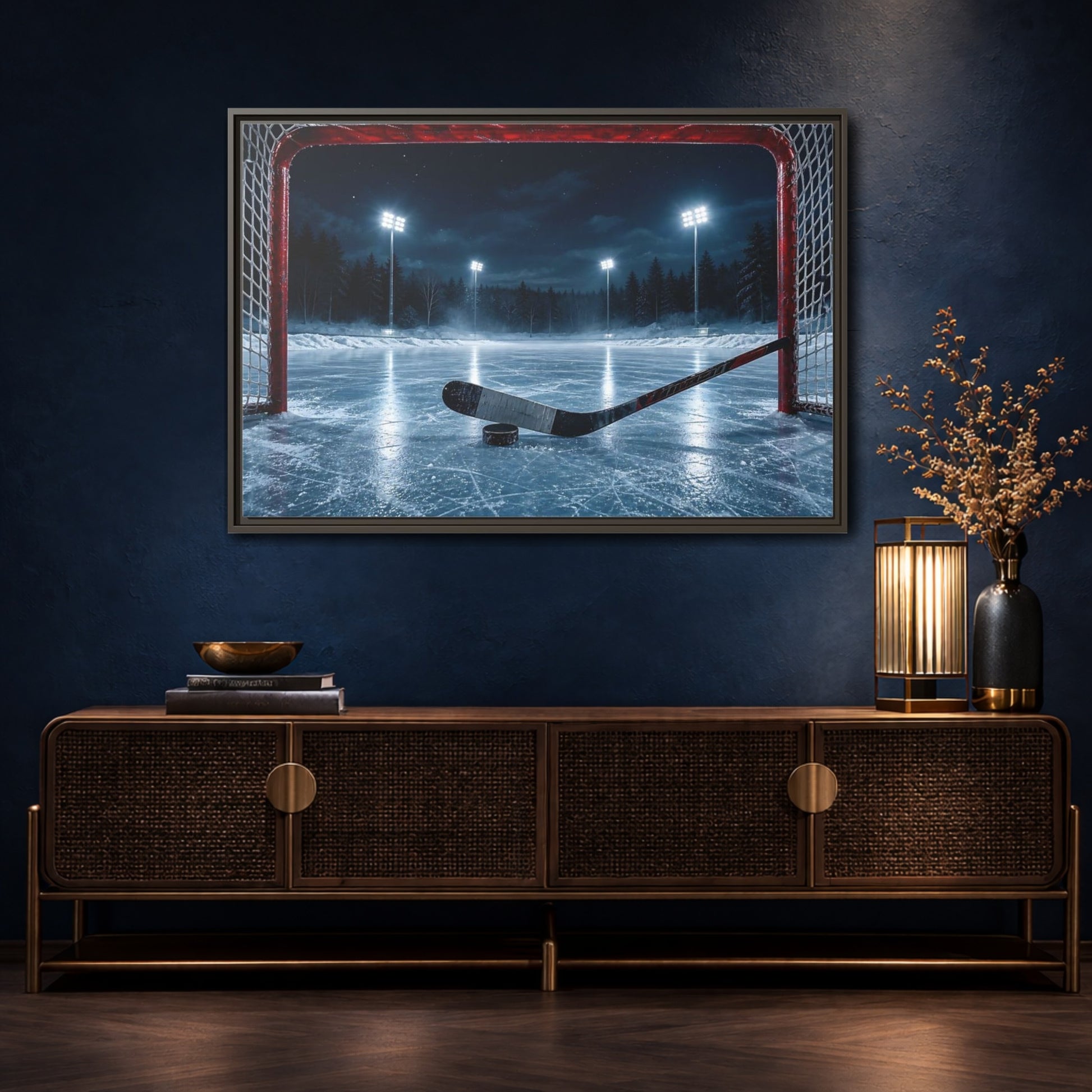 Mockup 4. Sports Ice Hockey Night Hockey shown as framed canvas print